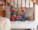 Colorful Zinnias Throw Pillow Machine Washable, Indoor Outdoor Decorative Pillow for Couch, Bed or Patio, 14Hx14W